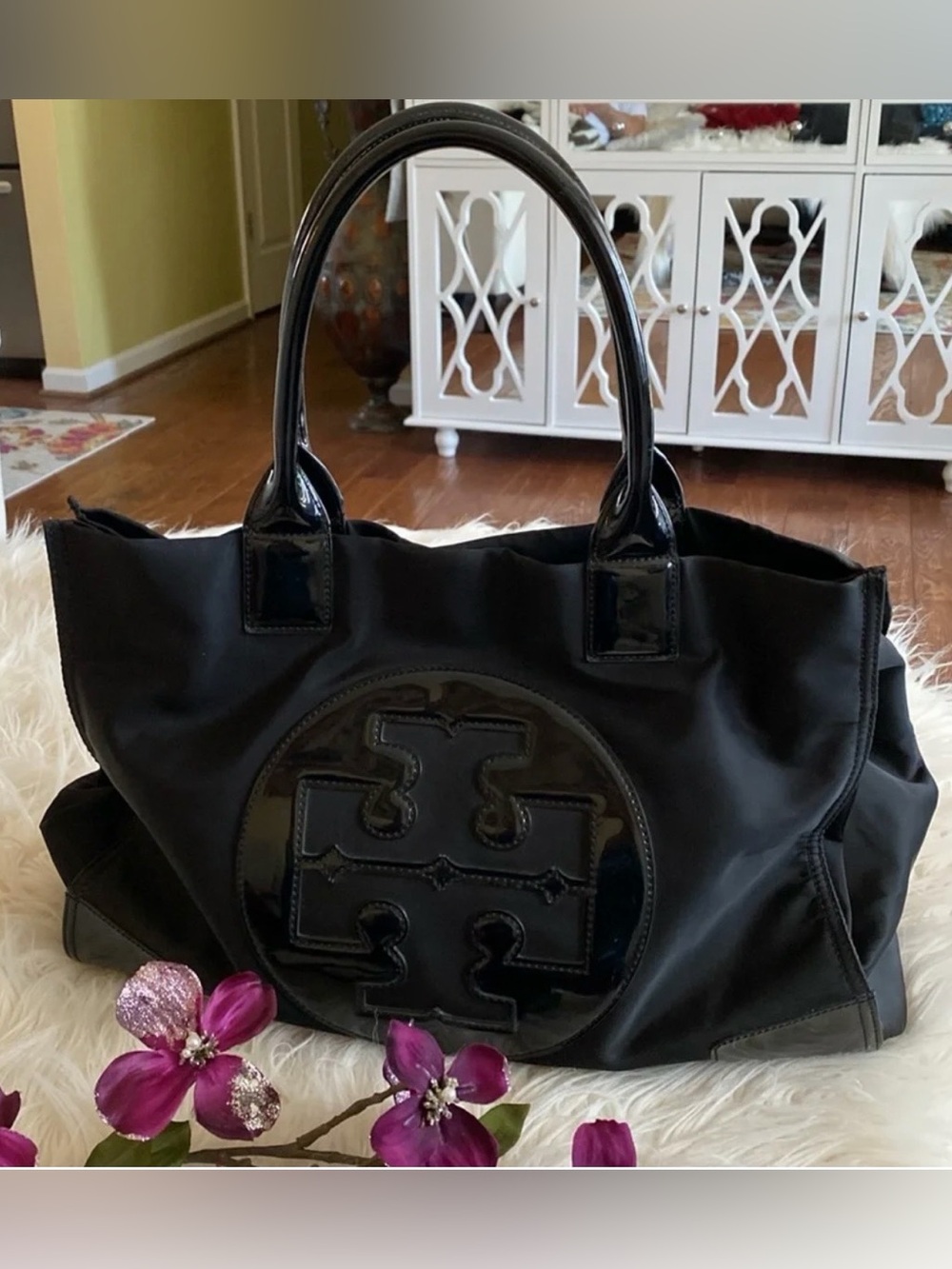 Tory Burch Black Patent Logo Tote